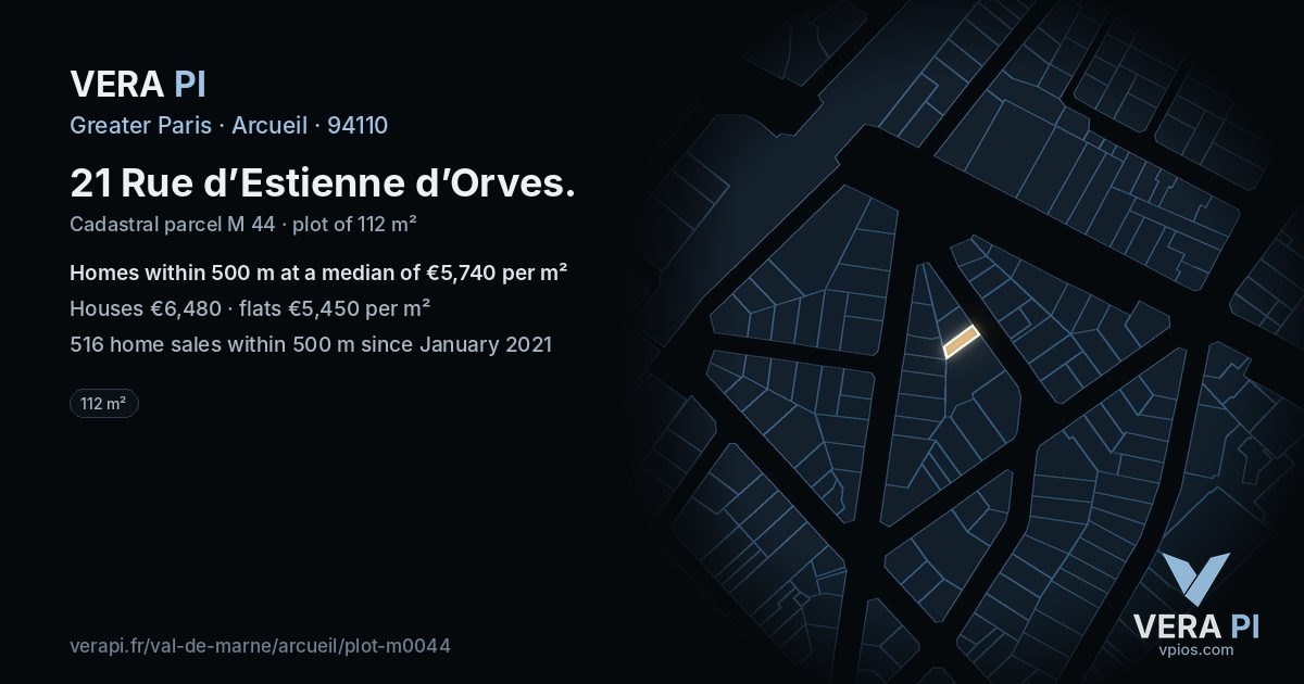 21 Rue d’Estienne d’Orves, Arcueil at night – the plot lit, the parcels around coloured by the prices near them