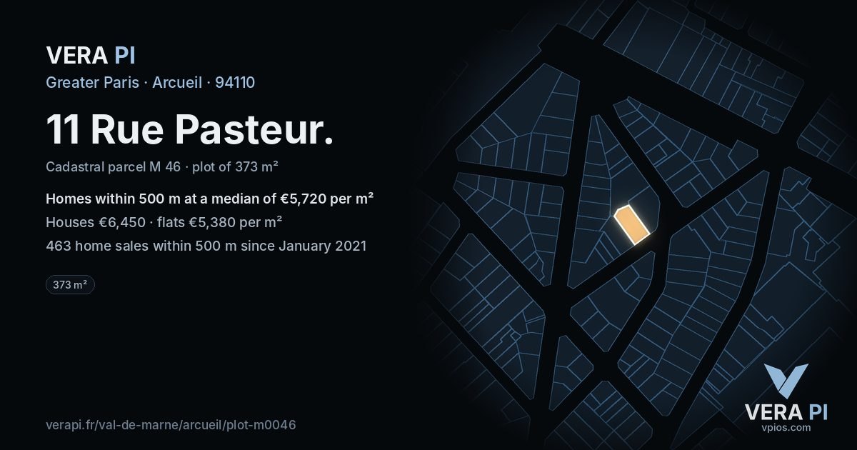 11 Rue Pasteur, Arcueil at night – the plot lit, the parcels around coloured by the prices near them