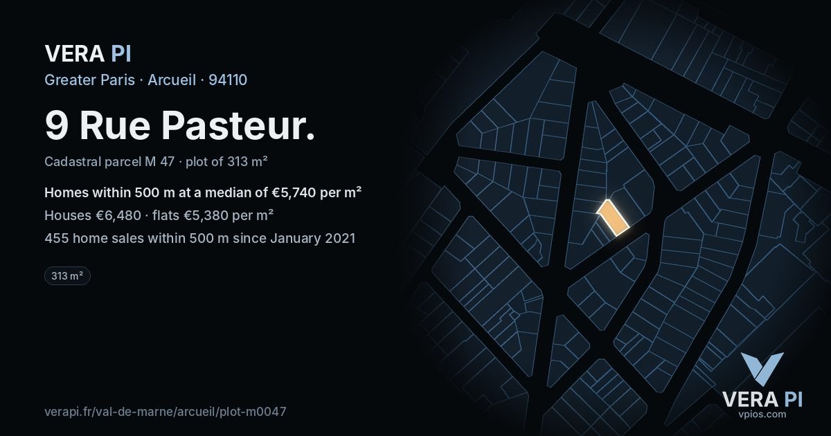 9 Rue Pasteur, Arcueil at night – the plot lit, the parcels around coloured by the prices near them