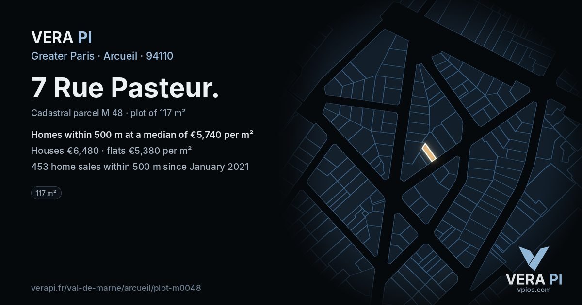 7 Rue Pasteur, Arcueil at night – the plot lit, the parcels around coloured by the prices near them