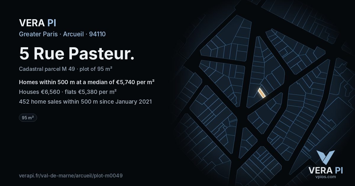 5 Rue Pasteur, Arcueil at night – the plot lit, the parcels around coloured by the prices near them