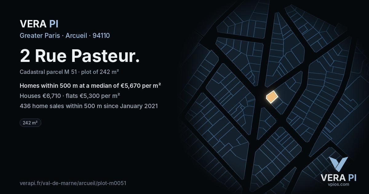 2 Rue Pasteur, Arcueil at night – the plot lit, the parcels around coloured by the prices near them