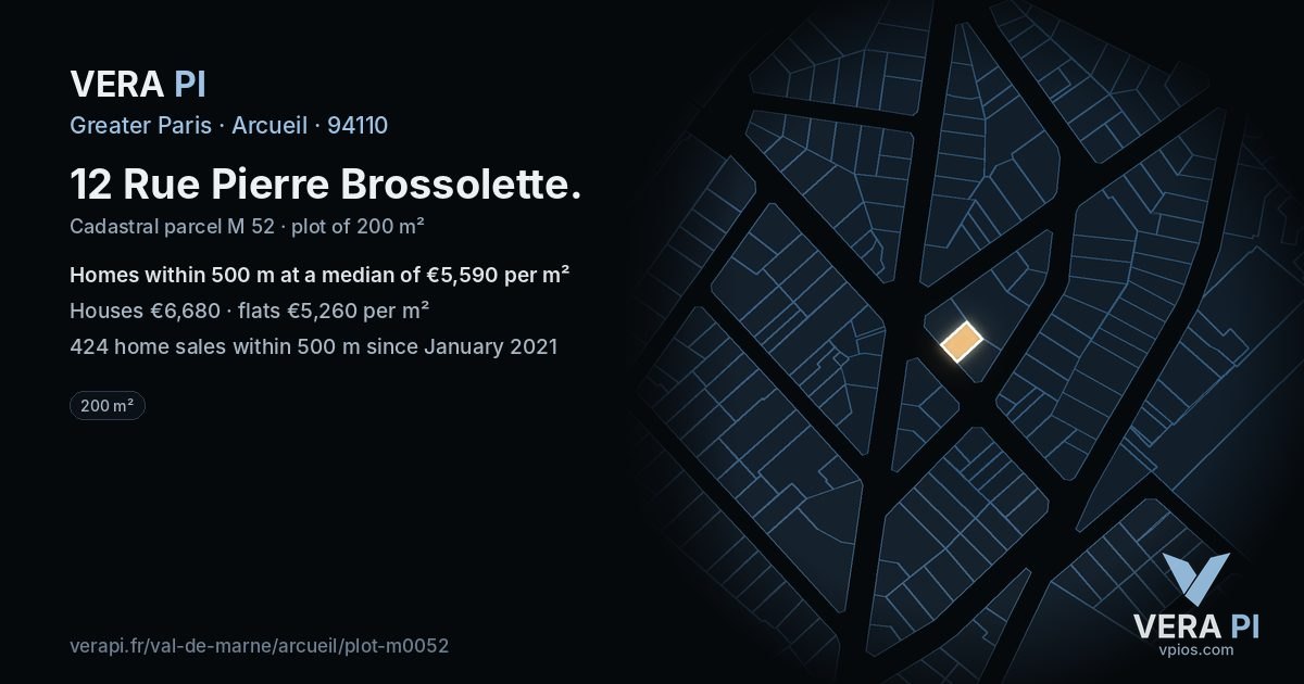 12 Rue Pierre Brossolette, Arcueil at night – the plot lit, the parcels around coloured by the prices near them
