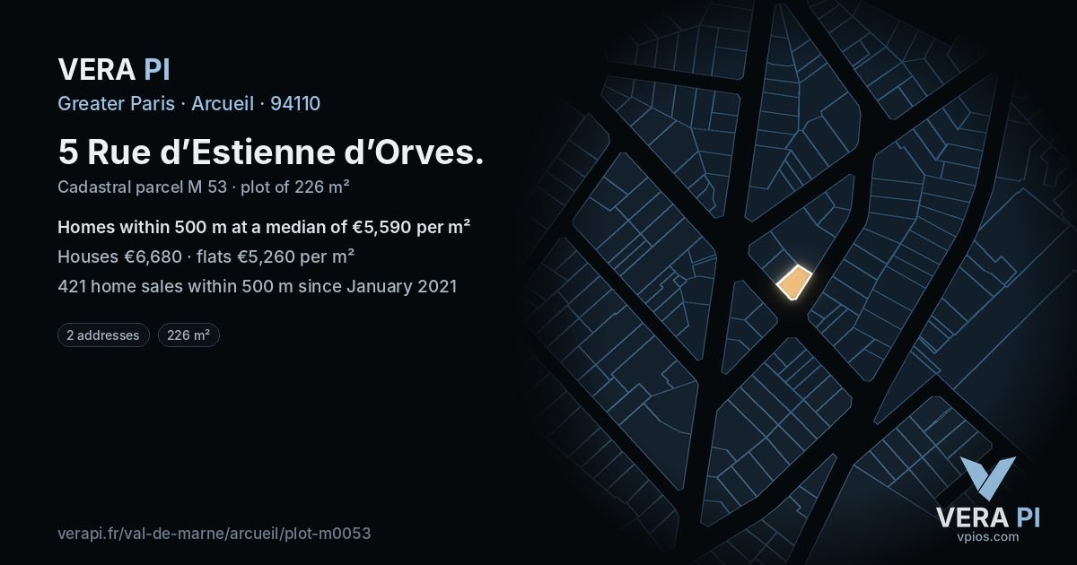 5 Rue d’Estienne d’Orves, Arcueil at night – the plot lit, the parcels around coloured by the prices near them