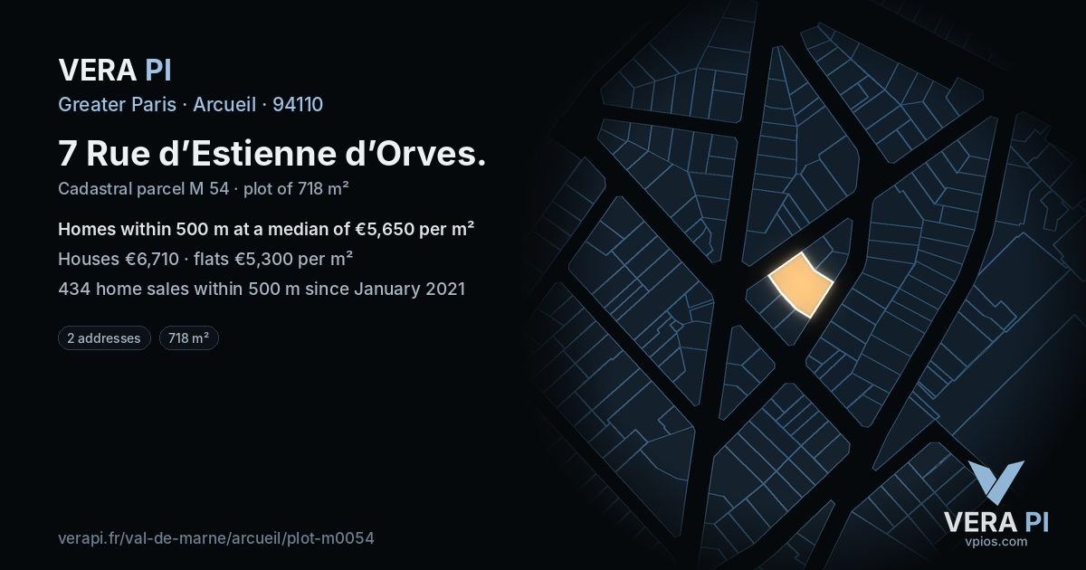 7 Rue d’Estienne d’Orves, Arcueil at night – the plot lit, the parcels around coloured by the prices near them