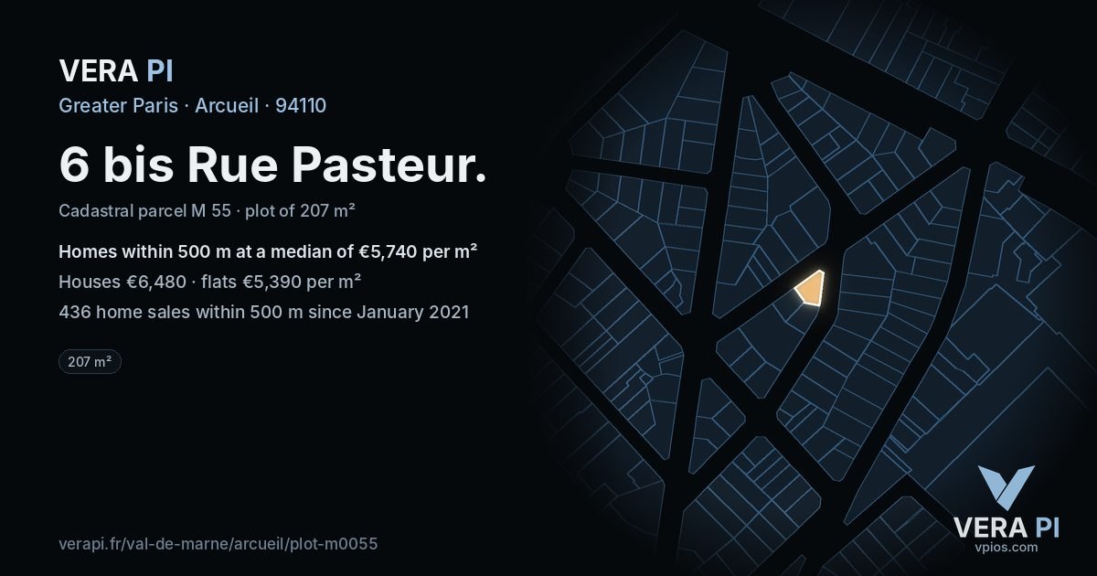 6 bis Rue Pasteur, Arcueil at night – the plot lit, the parcels around coloured by the prices near them