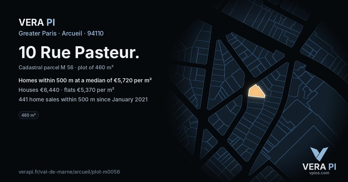 10 Rue Pasteur, Arcueil at night – the plot lit, the parcels around coloured by the prices near them