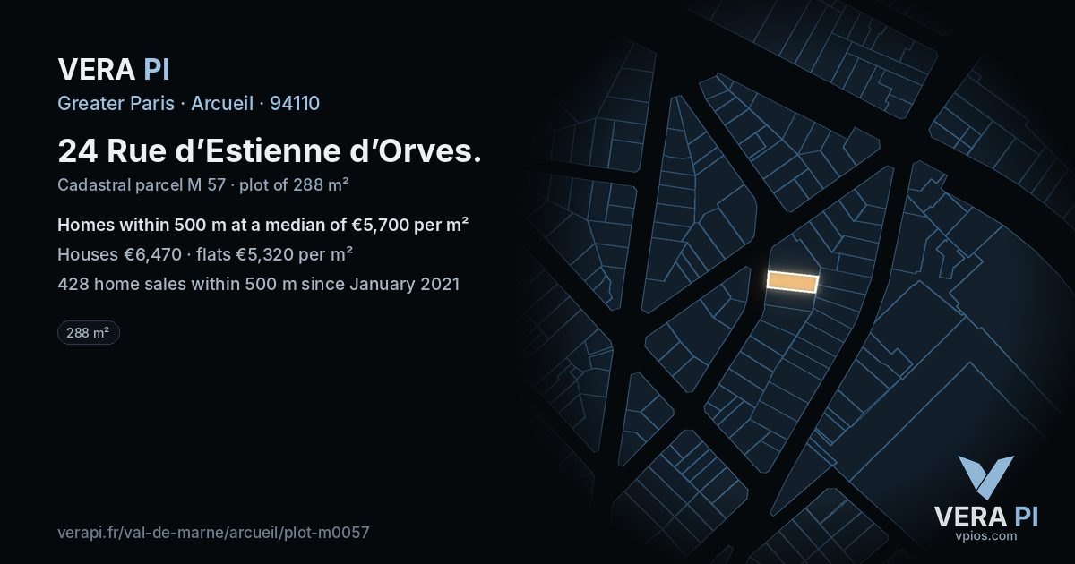 24 Rue d’Estienne d’Orves, Arcueil at night – the plot lit, the parcels around coloured by the prices near them