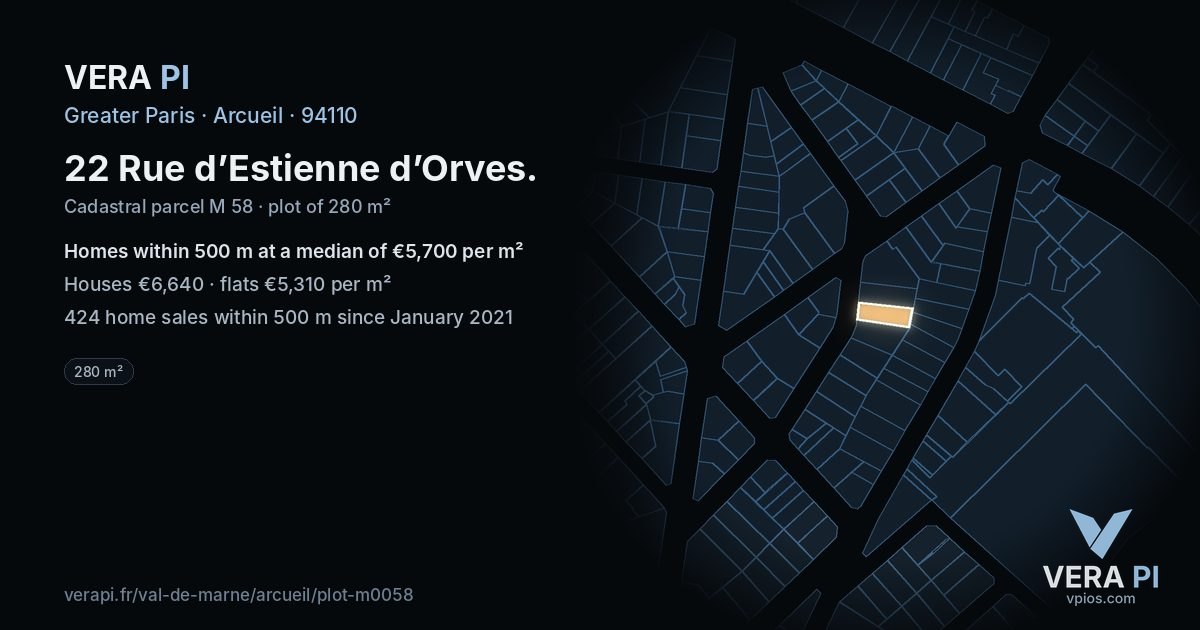 22 Rue d’Estienne d’Orves, Arcueil at night – the plot lit, the parcels around coloured by the prices near them