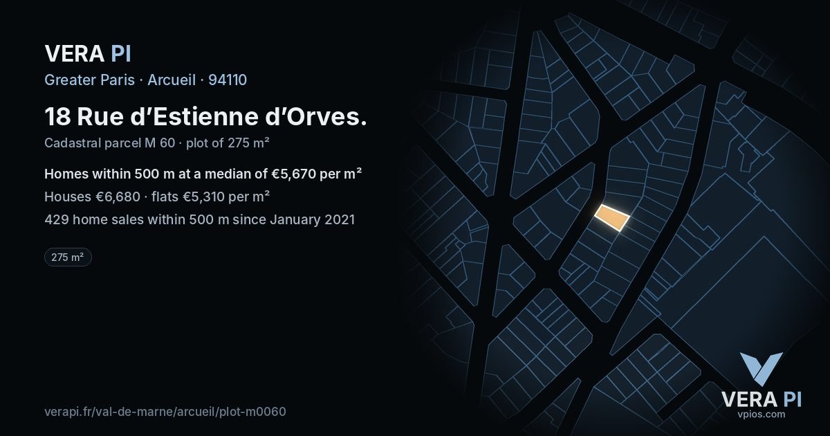 18 Rue d’Estienne d’Orves, Arcueil at night – the plot lit, the parcels around coloured by the prices near them