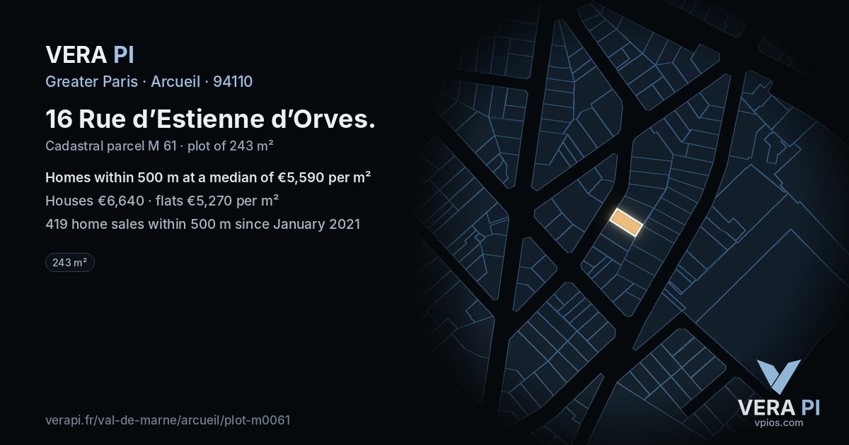 16 Rue d’Estienne d’Orves, Arcueil at night – the plot lit, the parcels around coloured by the prices near them