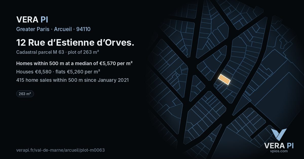 12 Rue d’Estienne d’Orves, Arcueil at night – the plot lit, the parcels around coloured by the prices near them