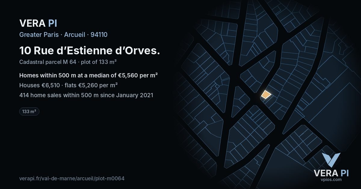10 Rue d’Estienne d’Orves, Arcueil at night – the plot lit, the parcels around coloured by the prices near them