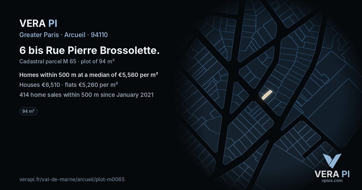 6 bis Rue Pierre Brossolette, Arcueil at night – the plot lit, the parcels around coloured by the prices near them