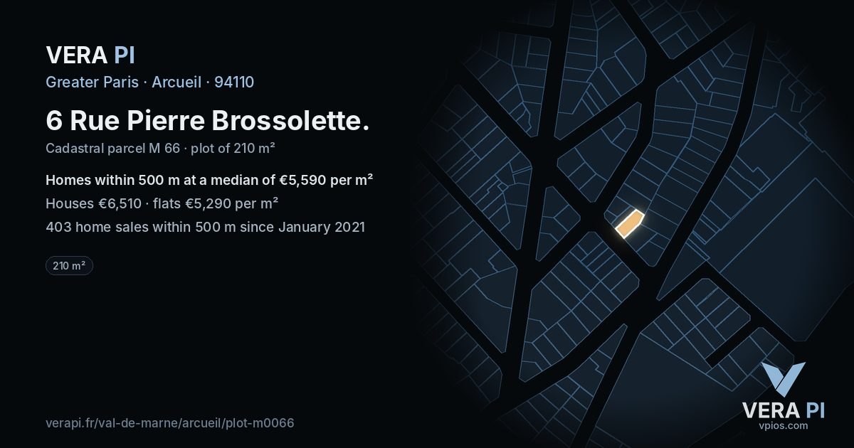 6 Rue Pierre Brossolette, Arcueil at night – the plot lit, the parcels around coloured by the prices near them