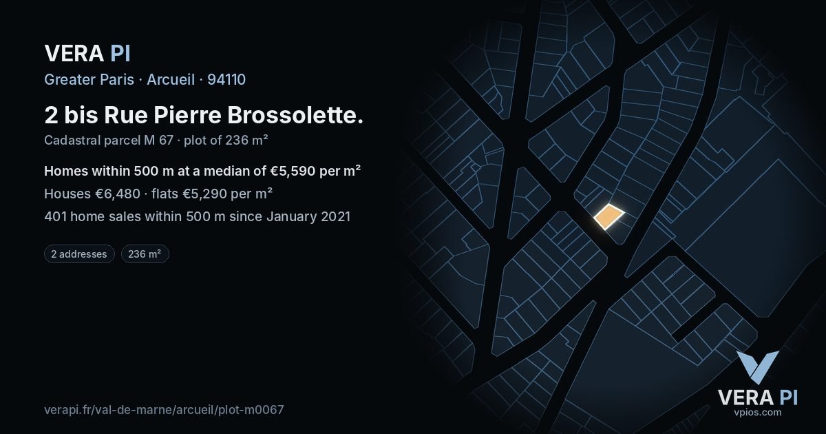2 bis Rue Pierre Brossolette, Arcueil at night – the plot lit, the parcels around coloured by the prices near them