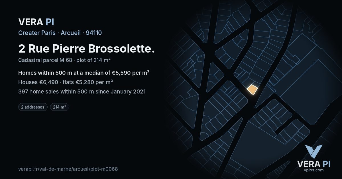 2 Rue Pierre Brossolette, Arcueil at night – the plot lit, the parcels around coloured by the prices near them