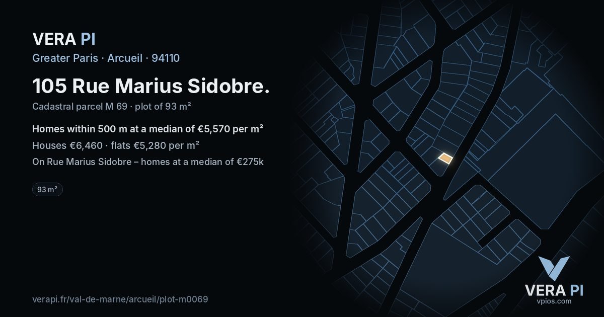 105 Rue Marius Sidobre, Arcueil at night – the plot lit, the parcels around coloured by the prices near them