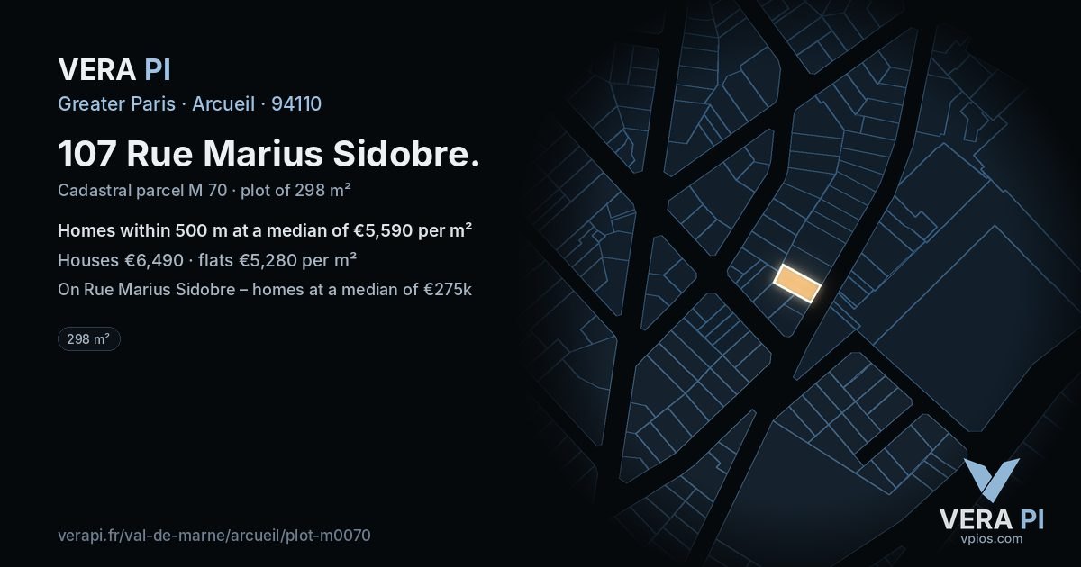 107 Rue Marius Sidobre, Arcueil at night – the plot lit, the parcels around coloured by the prices near them