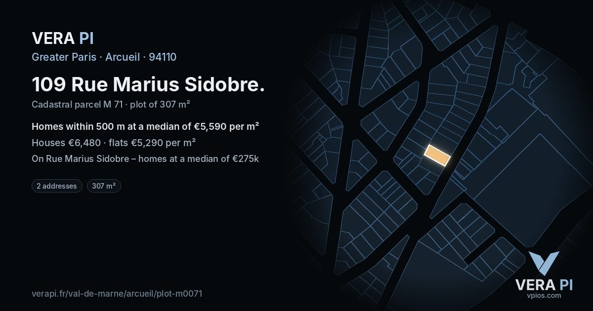 109 Rue Marius Sidobre, Arcueil at night – the plot lit, the parcels around coloured by the prices near them