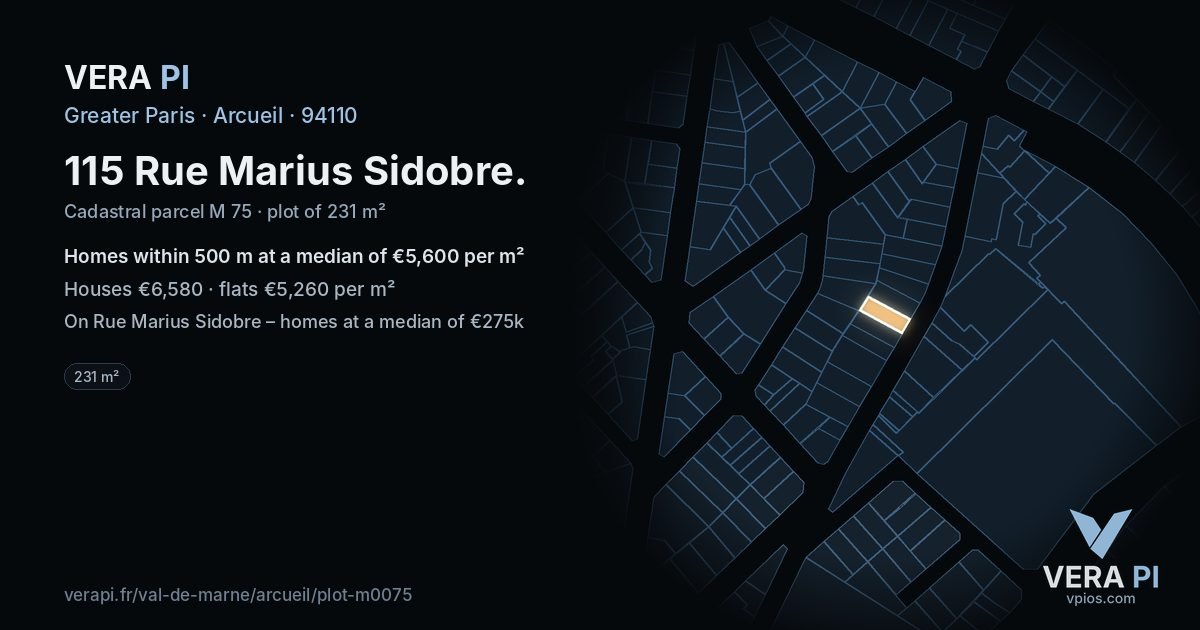 115 Rue Marius Sidobre, Arcueil at night – the plot lit, the parcels around coloured by the prices near them