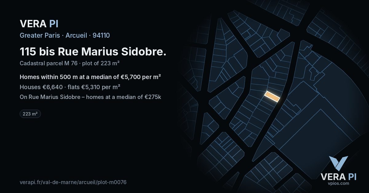 115 bis Rue Marius Sidobre, Arcueil at night – the plot lit, the parcels around coloured by the prices near them