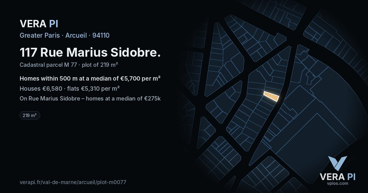 117 Rue Marius Sidobre, Arcueil at night – the plot lit, the parcels around coloured by the prices near them