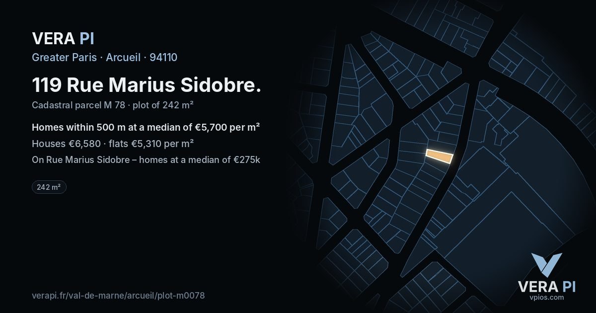 119 Rue Marius Sidobre, Arcueil at night – the plot lit, the parcels around coloured by the prices near them