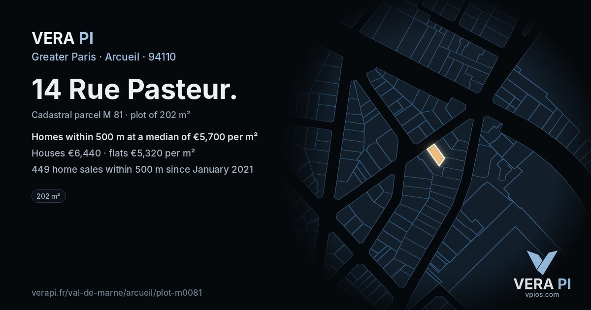 14 Rue Pasteur, Arcueil at night – the plot lit, the parcels around coloured by the prices near them