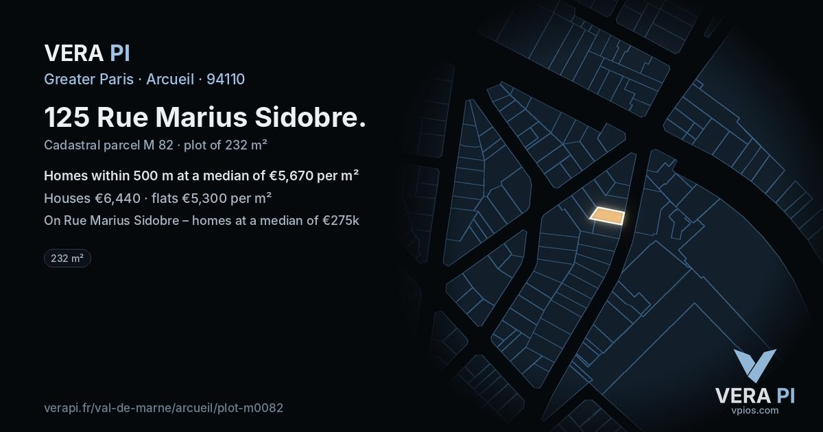 125 Rue Marius Sidobre, Arcueil at night – the plot lit, the parcels around coloured by the prices near them