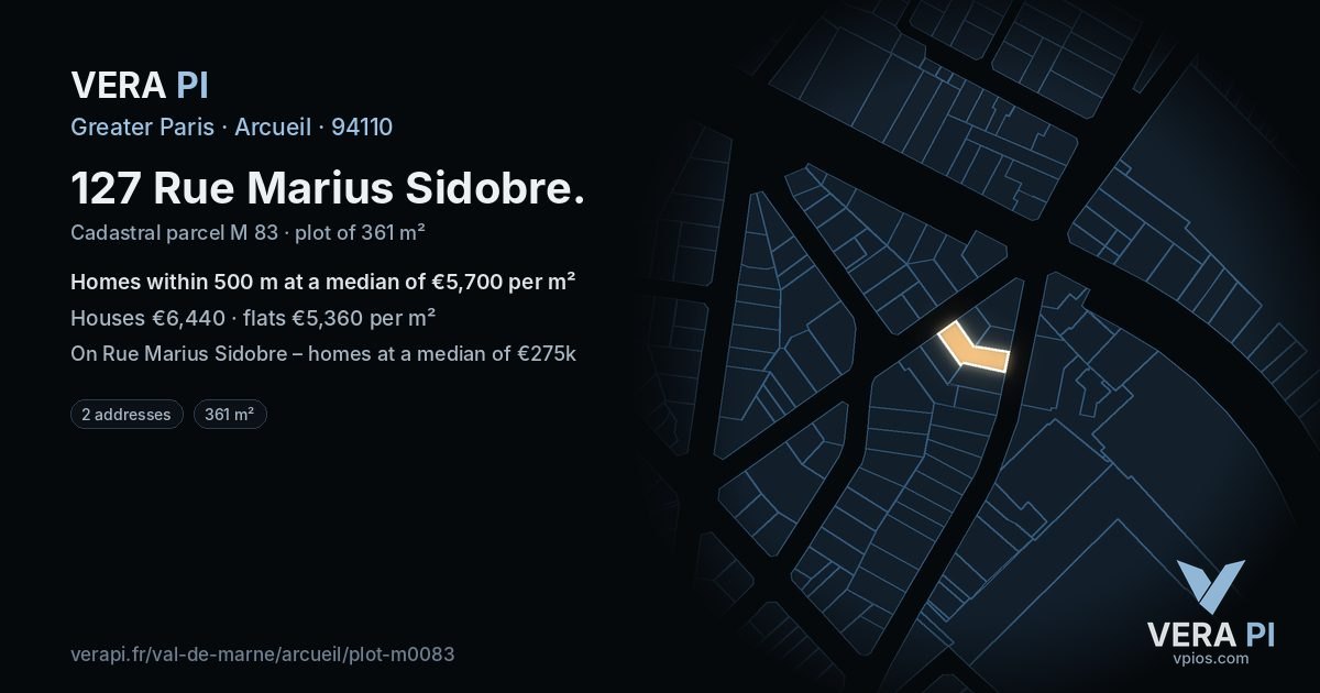 127 Rue Marius Sidobre, Arcueil at night – the plot lit, the parcels around coloured by the prices near them