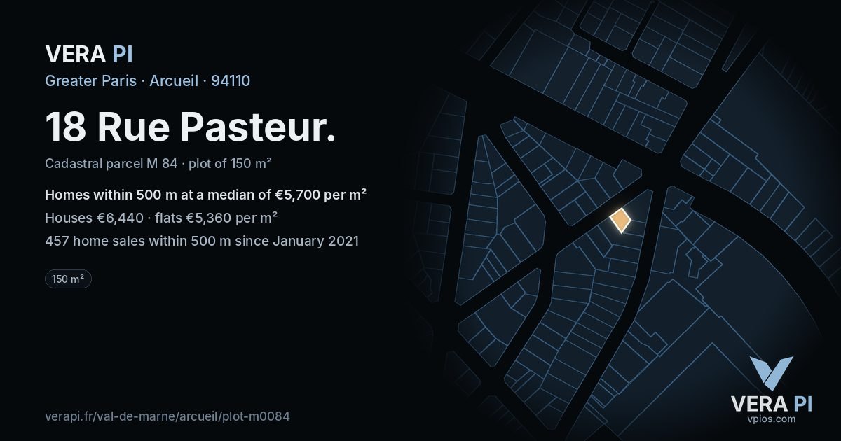 18 Rue Pasteur, Arcueil at night – the plot lit, the parcels around coloured by the prices near them