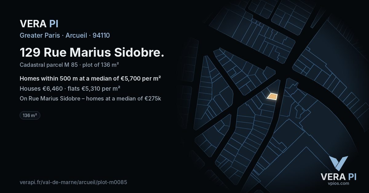 129 Rue Marius Sidobre, Arcueil at night – the plot lit, the parcels around coloured by the prices near them