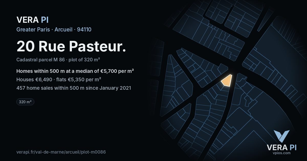 20 Rue Pasteur, Arcueil at night – the plot lit, the parcels around coloured by the prices near them