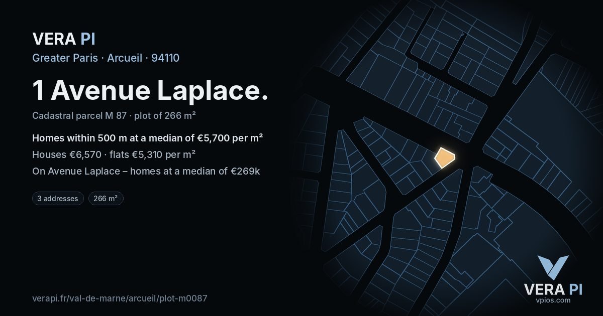 1 Avenue Laplace, Arcueil at night – the plot lit, the parcels around coloured by the prices near them