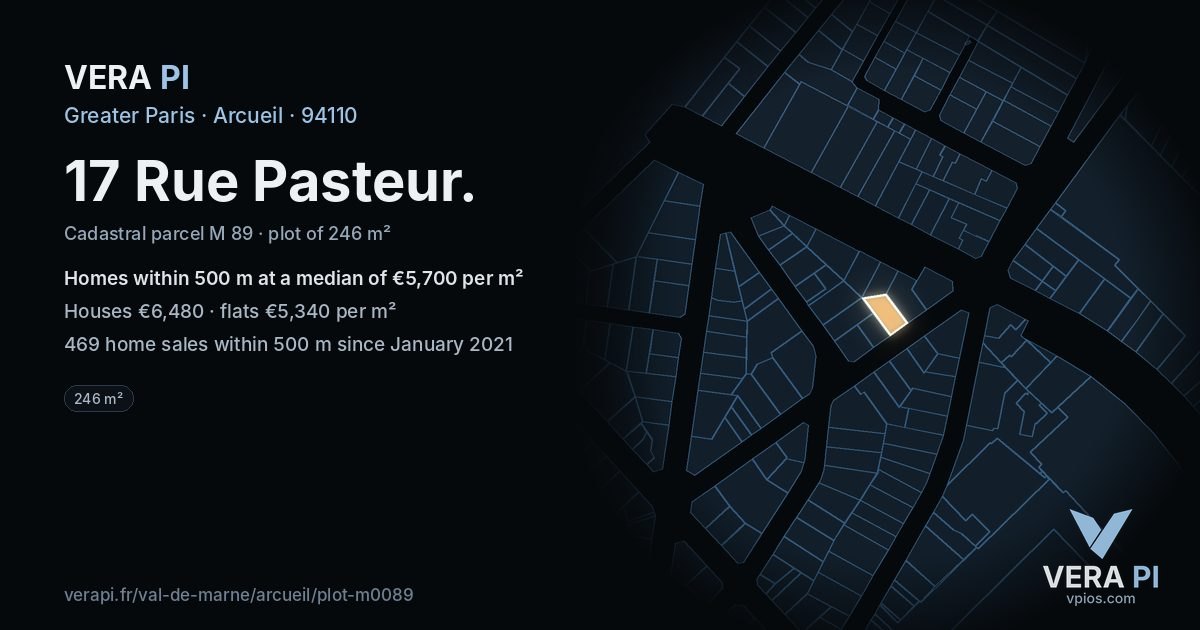 17 Rue Pasteur, Arcueil at night – the plot lit, the parcels around coloured by the prices near them