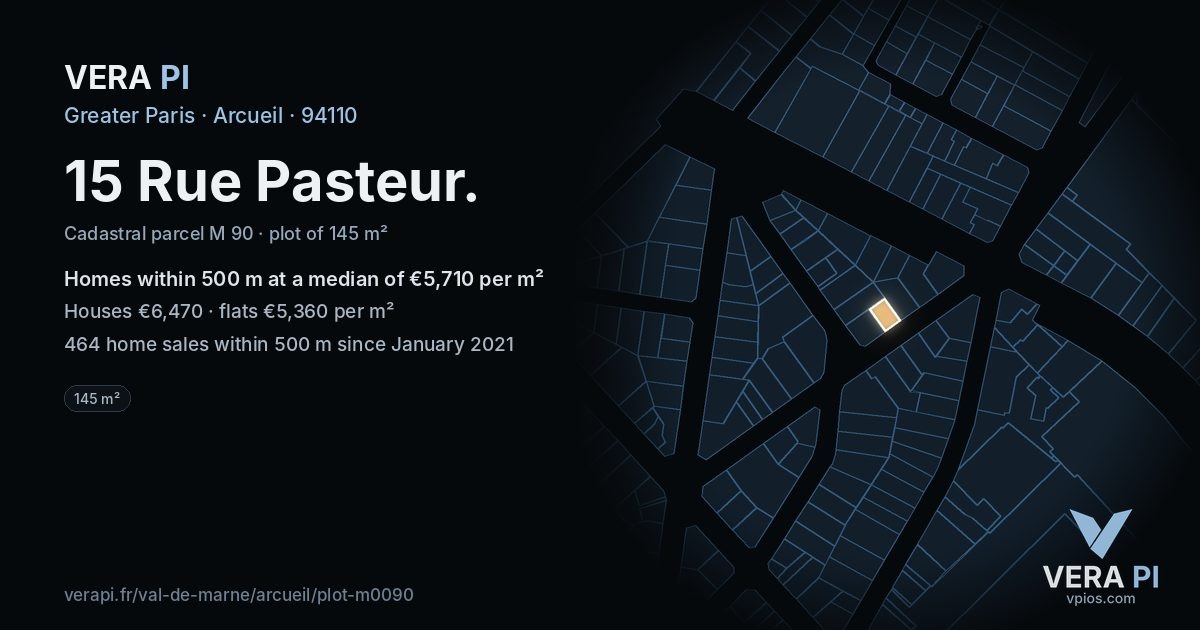 15 Rue Pasteur, Arcueil at night – the plot lit, the parcels around coloured by the prices near them