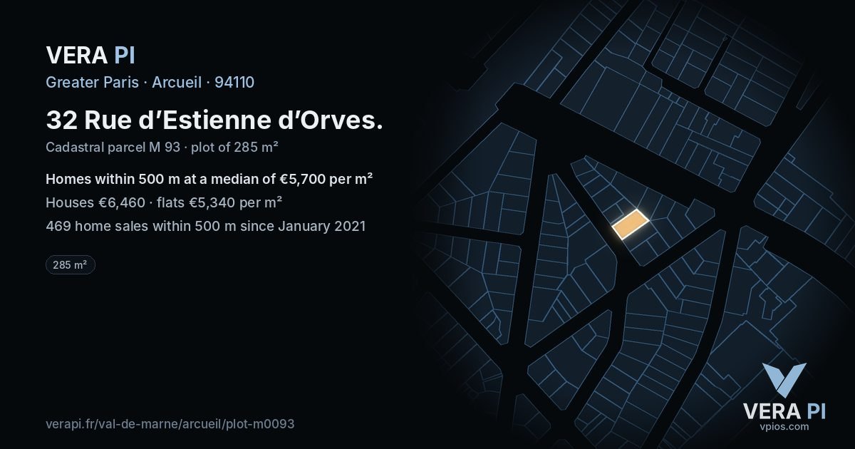 32 Rue d’Estienne d’Orves, Arcueil at night – the plot lit, the parcels around coloured by the prices near them