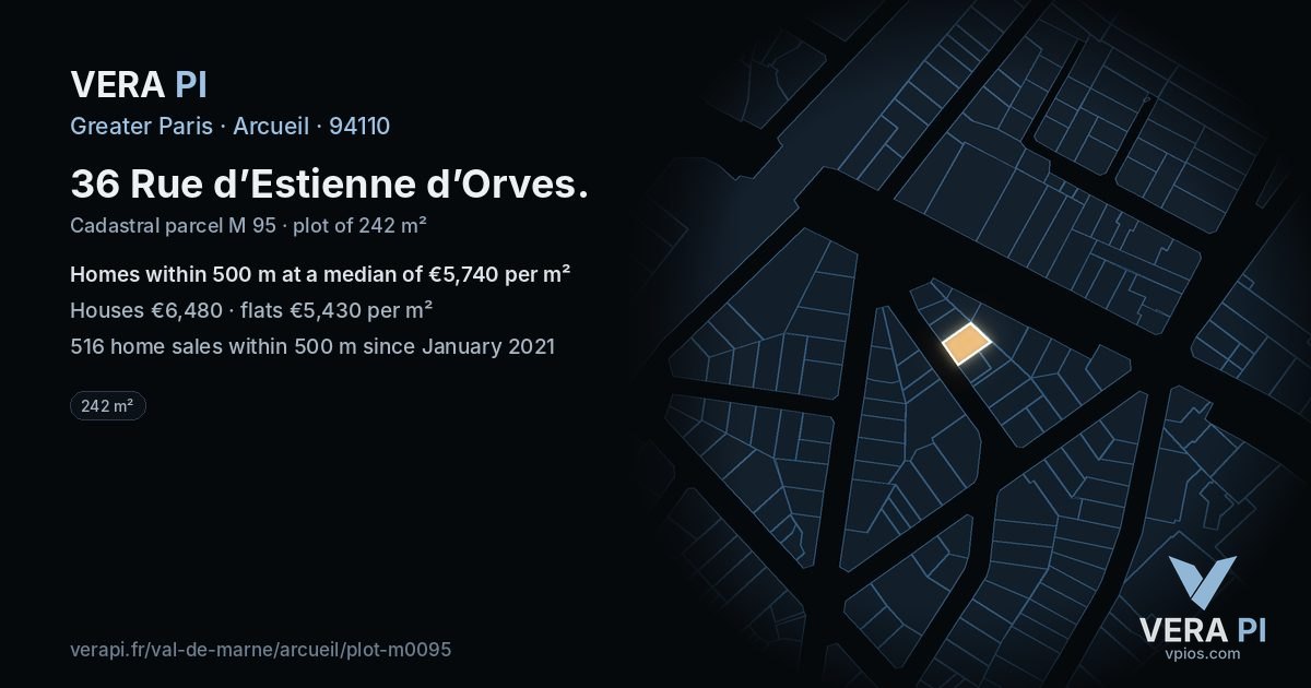 36 Rue d’Estienne d’Orves, Arcueil at night – the plot lit, the parcels around coloured by the prices near them