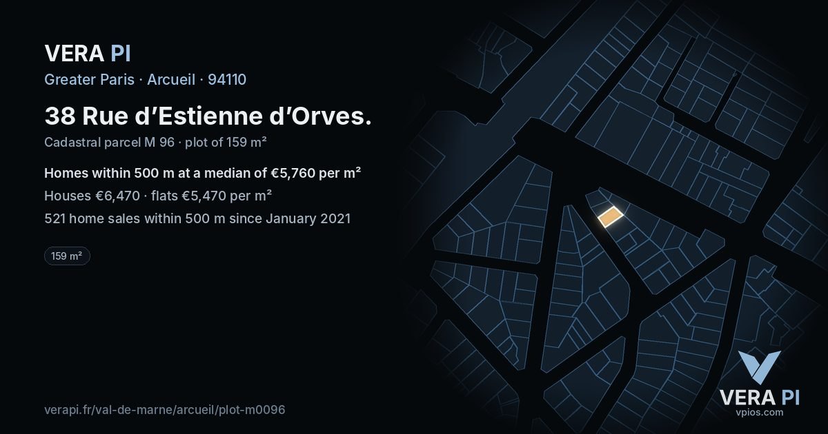 38 Rue d’Estienne d’Orves, Arcueil at night – the plot lit, the parcels around coloured by the prices near them