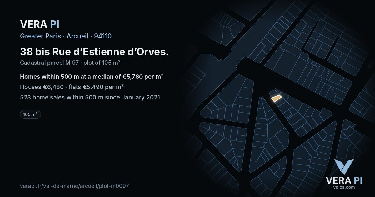 38 bis Rue d’Estienne d’Orves, Arcueil at night – the plot lit, the parcels around coloured by the prices near them