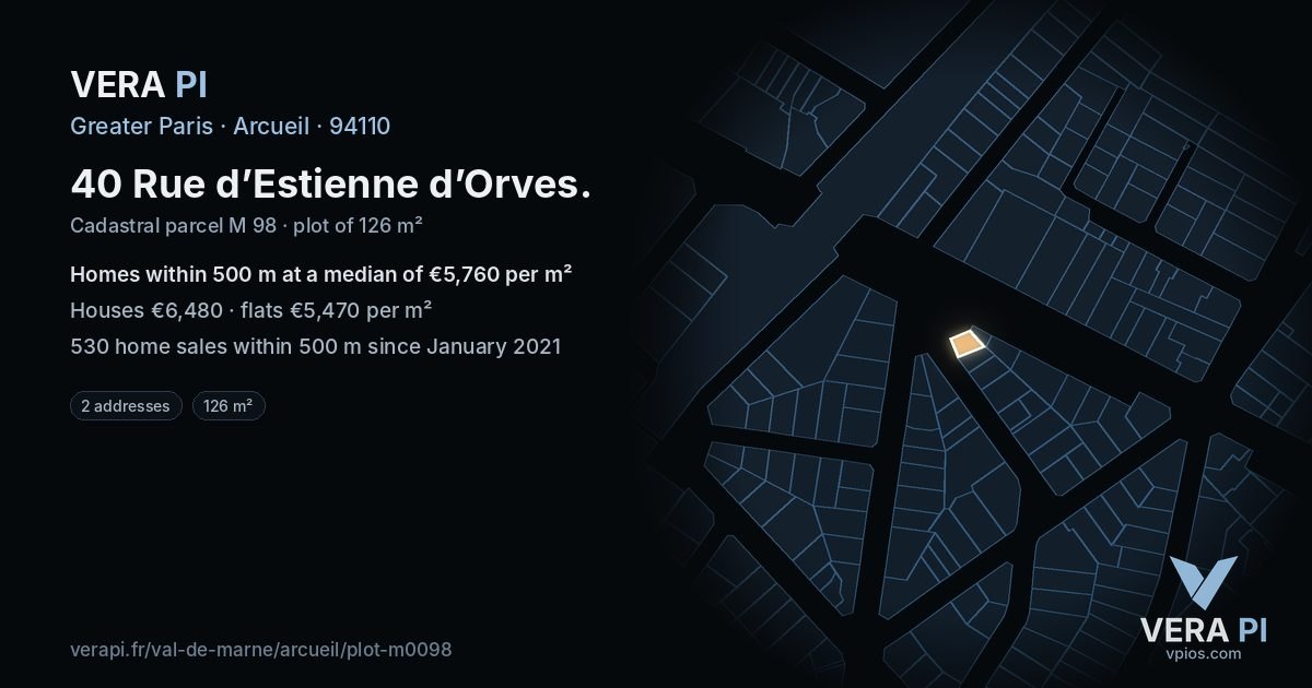 40 Rue d’Estienne d’Orves, Arcueil at night – the plot lit, the parcels around coloured by the prices near them