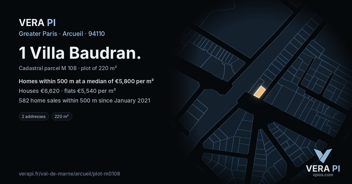 1 Villa Baudran, Arcueil at night – the plot lit, the parcels around coloured by the prices near them
