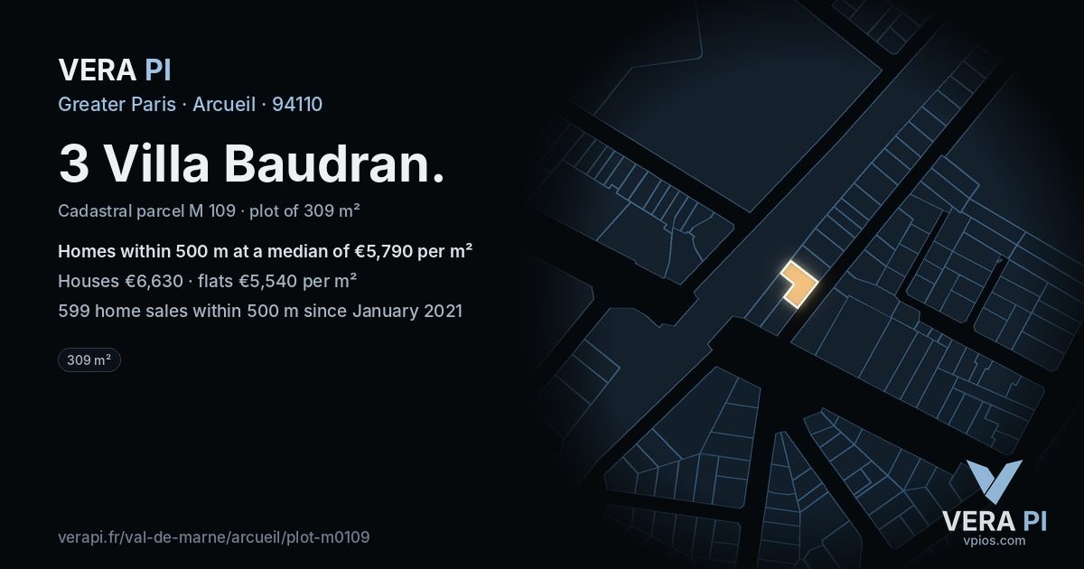 3 Villa Baudran, Arcueil at night – the plot lit, the parcels around coloured by the prices near them