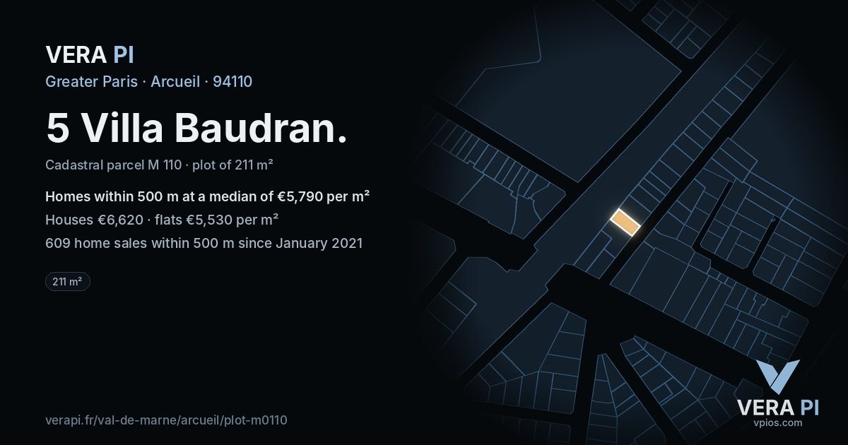 5 Villa Baudran, Arcueil at night – the plot lit, the parcels around coloured by the prices near them
