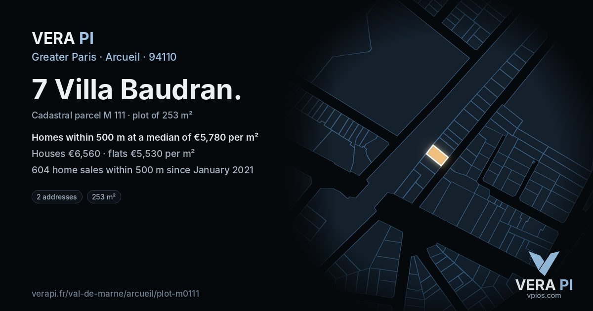 7 Villa Baudran, Arcueil at night – the plot lit, the parcels around coloured by the prices near them