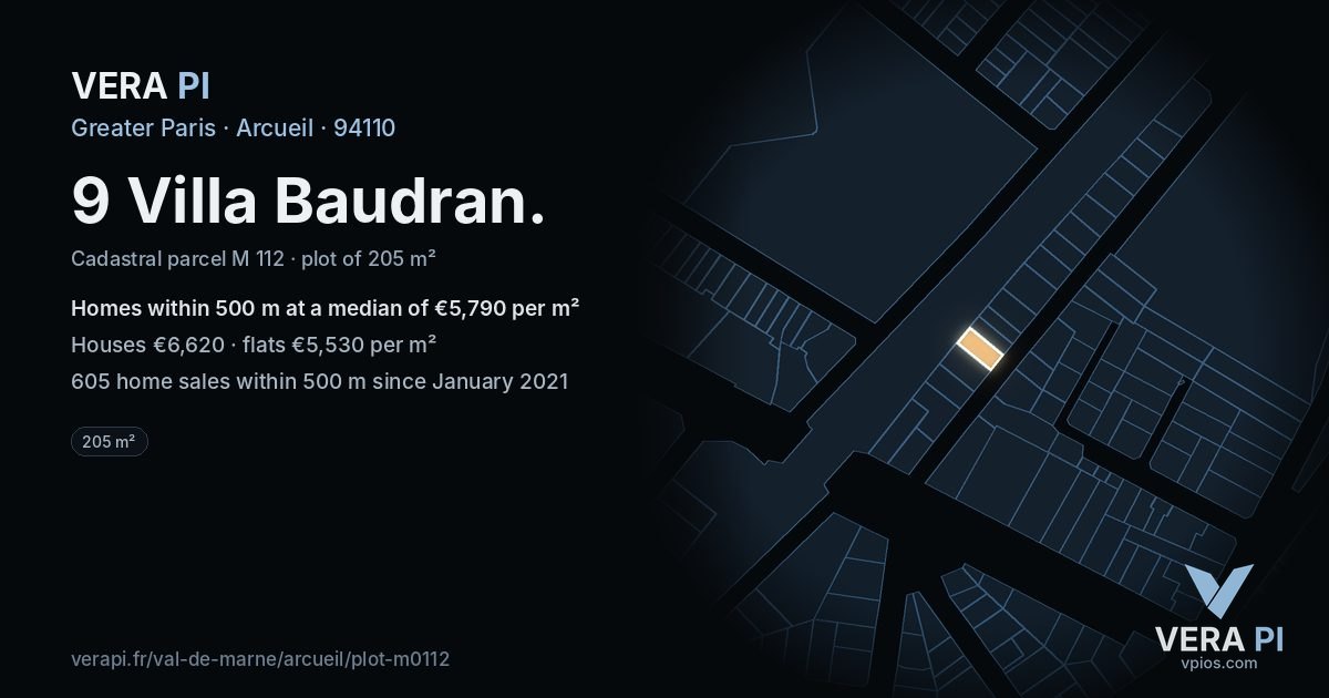 9 Villa Baudran, Arcueil at night – the plot lit, the parcels around coloured by the prices near them