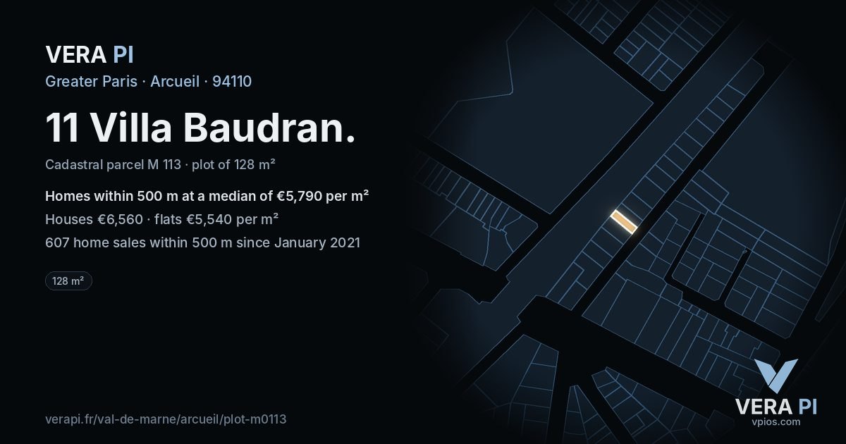 11 Villa Baudran, Arcueil at night – the plot lit, the parcels around coloured by the prices near them