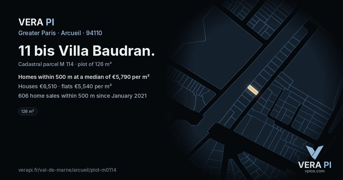 11 bis Villa Baudran, Arcueil at night – the plot lit, the parcels around coloured by the prices near them
