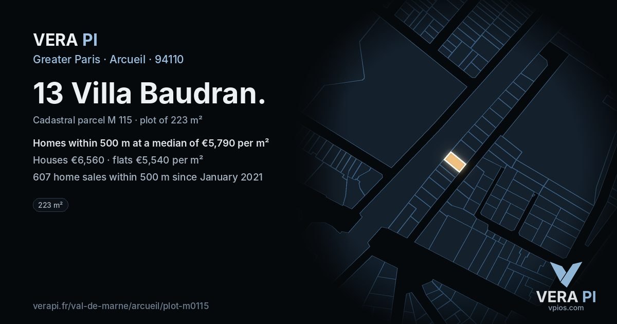 13 Villa Baudran, Arcueil at night – the plot lit, the parcels around coloured by the prices near them